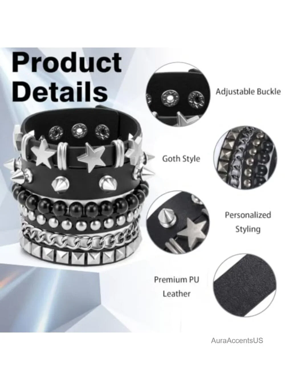 Punk Spiked Studded Bracelets Set of 4 Faux Leather Adjustable Wristband Gothic